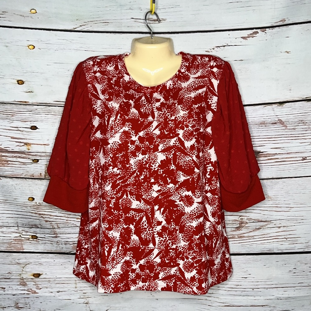 LuLaRoe NWT Sz XL Red & White Floral - Swiss Dot Puff Sleeve Moriella Blouse Top - Picture 1 of 4